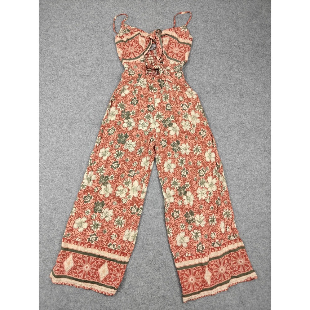 Angie Jumpsuit Womens M Orange Floral Sleeveless Tie Front Wide Leg Boho